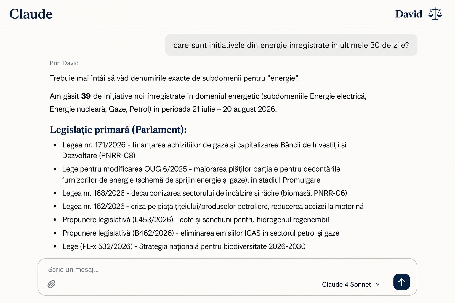 Conversație în Claude cu DAVID despre inițiativele legislative din energie