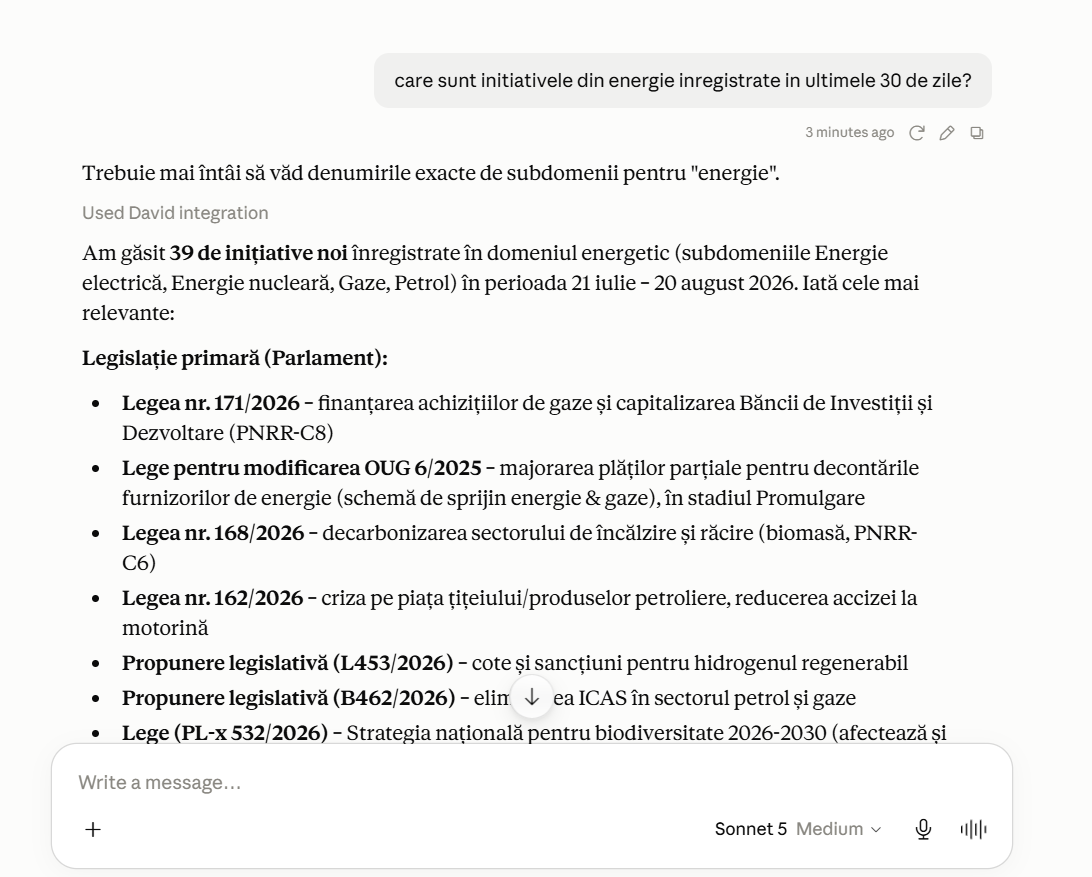 Conversație în ChatGPT cu DAVID despre inițiativele legislative din energie
